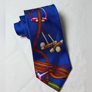 RARE Polo Ralph Lauren 100% Silk Hand Made Equestrian Blue Polo-Themed Tie AOP
